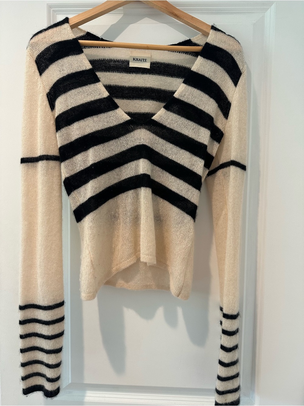 KHAITE Cashmere Cream and Black Striped V-Neck Sweater